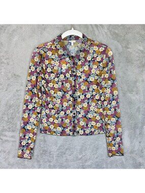 SELF E Button Up Shirt Womens S Multicolor Collared Long Sleeve Sheer Floral